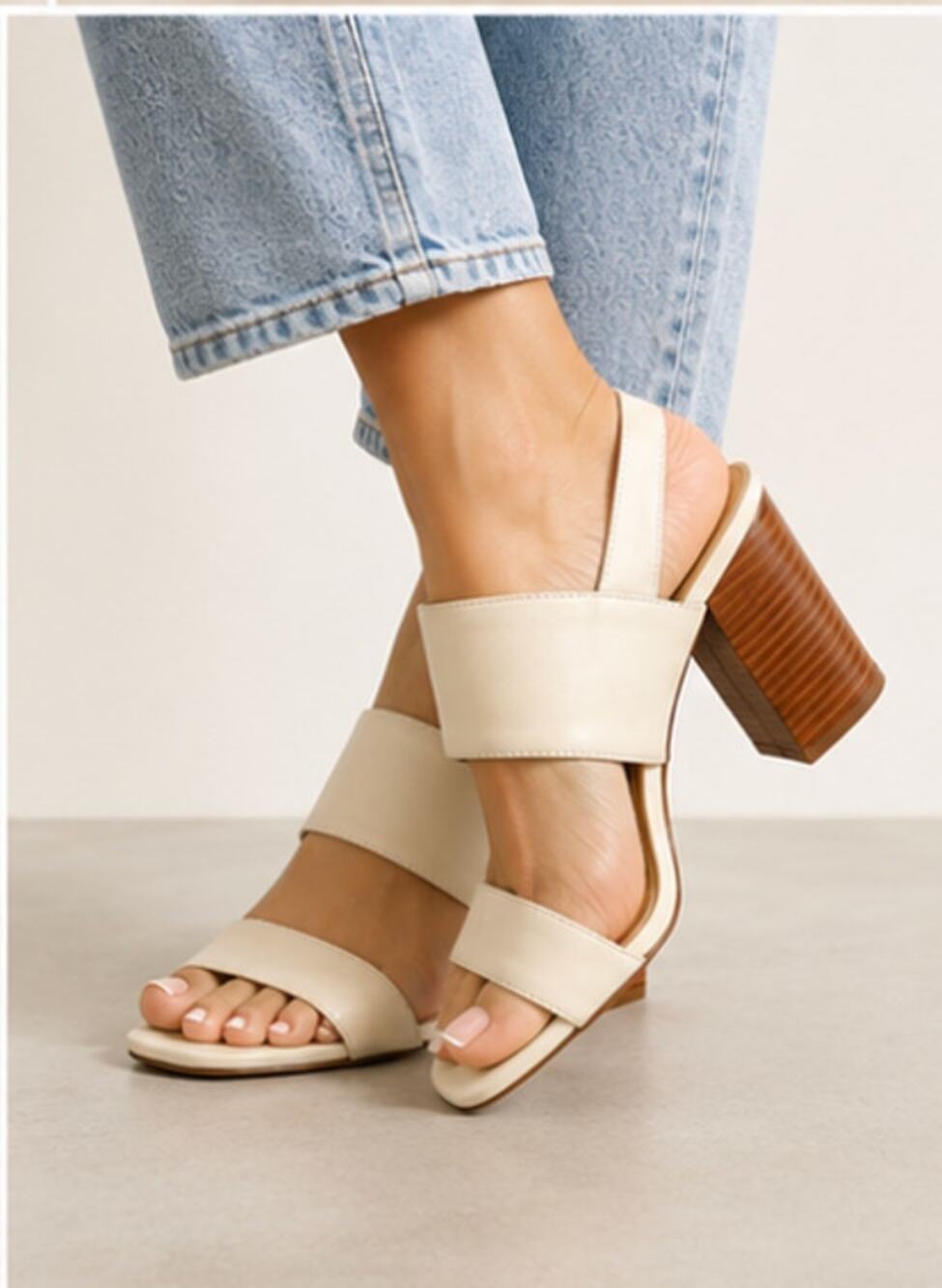 14th & Union Meren Block Heel Sandals Ivory Bone Faux Leather Size 10 New